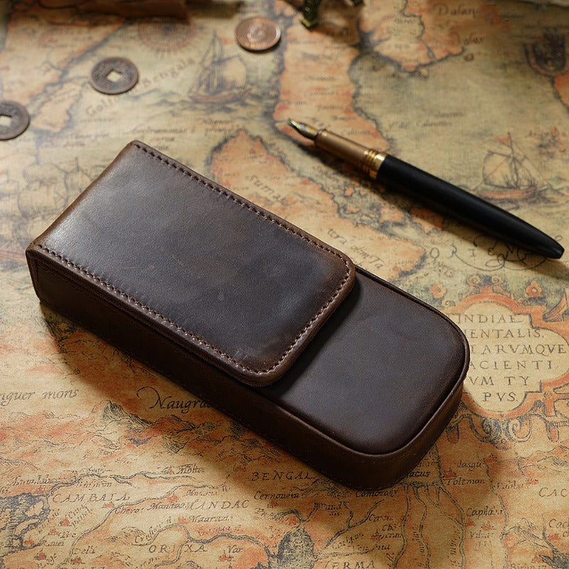 Wholesale Crazy Horse Leather 3-Pack Handmade Magnetic Drawer Pen Bag